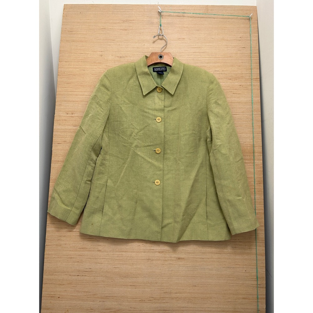 Lands End Womens 10 Petite Olive Green‎ Linen Rayon Button Front Jacket Lined